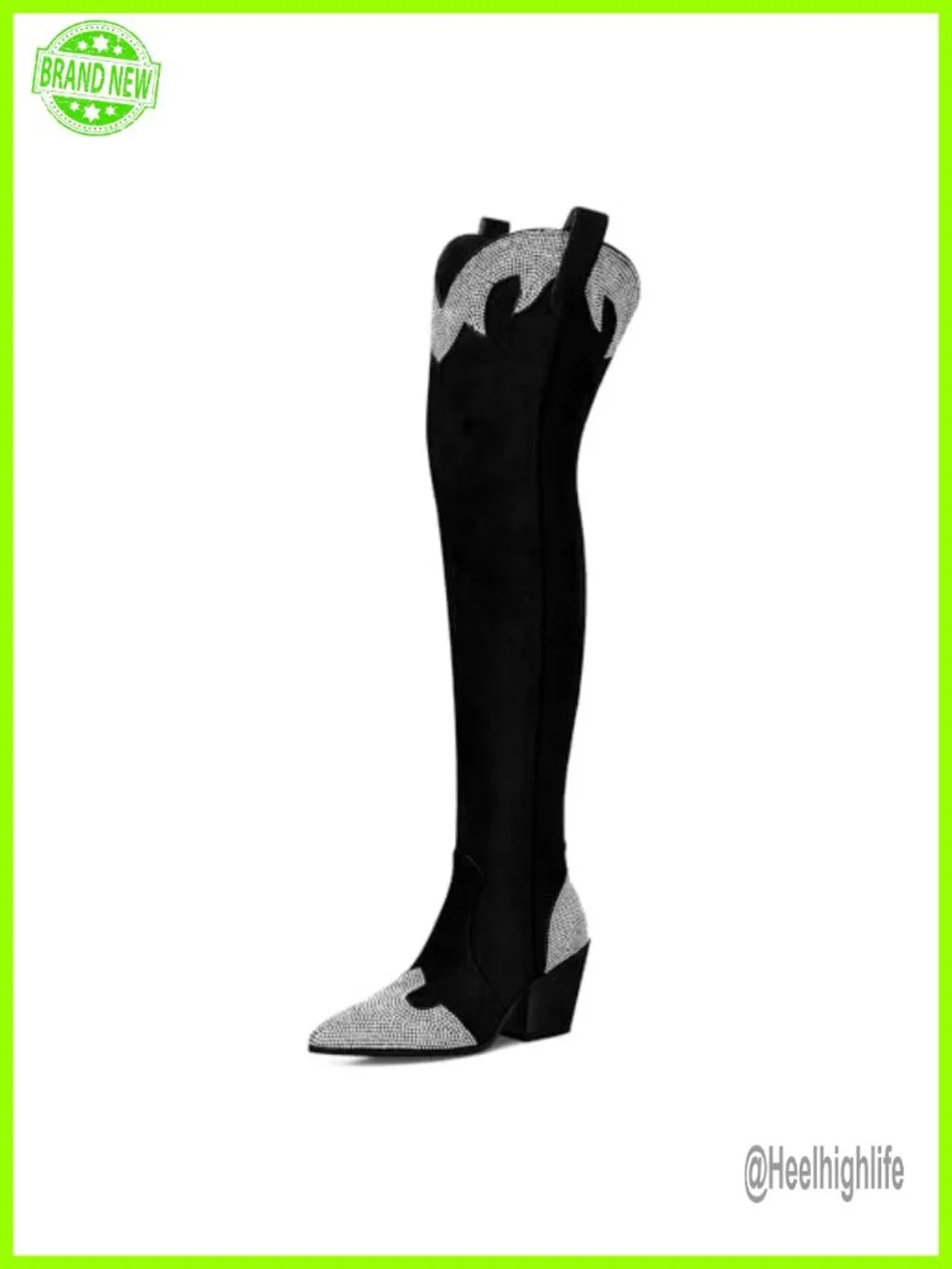 Faux Suede Cowgirl Boots - Rhinestone Thigh High Over The Knee Chunky Heel